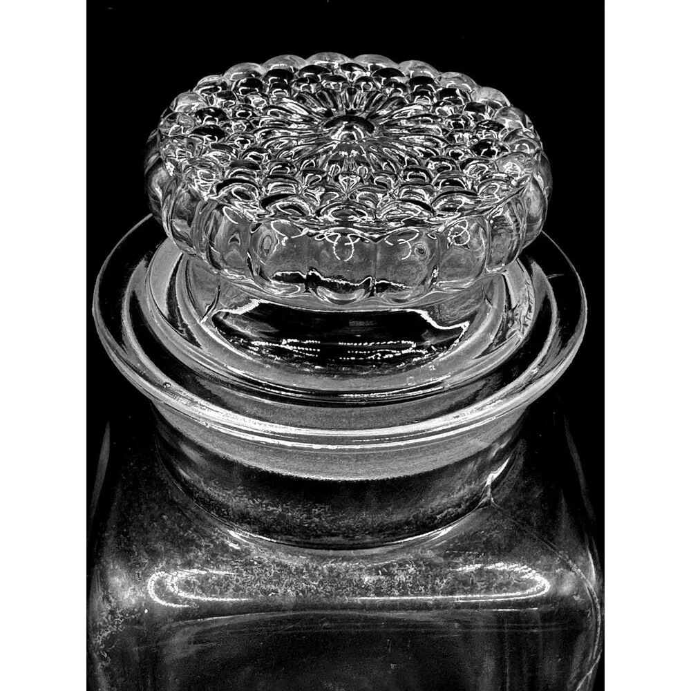 Vintage Square Clear Glass Apothecary Canister w/Decorative Floral Stopper 2 Qt
